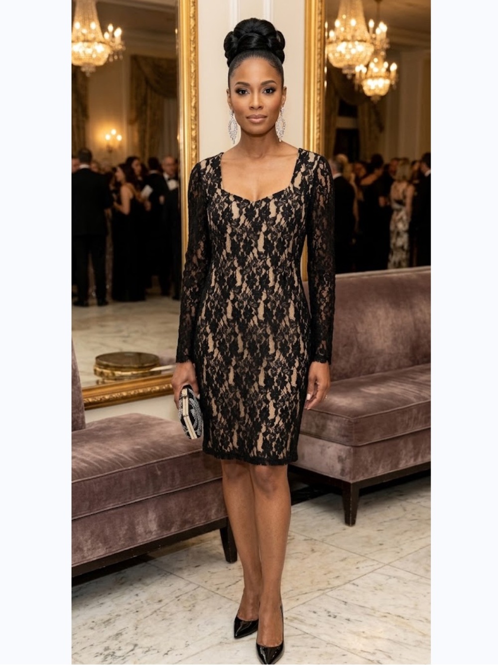 Vintage Vicky Tiel Black Lace Long Sleeve Formal Dress